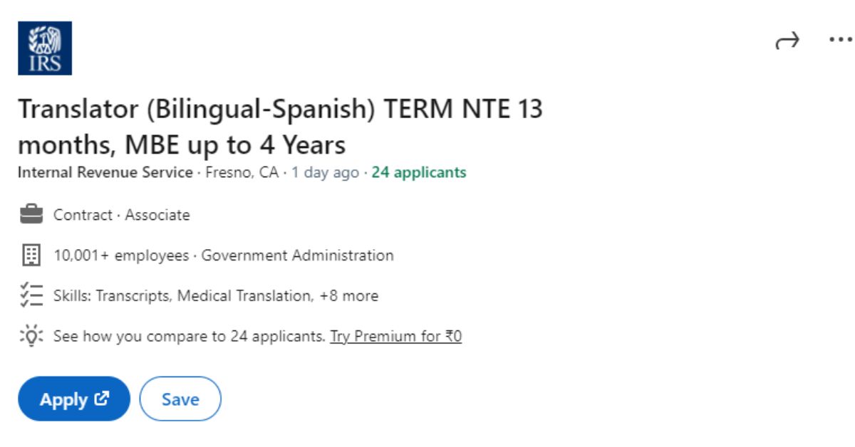 Job opening at the #IRS for Translator (Bilingual-Spanish) TERM NTE 13 months, 