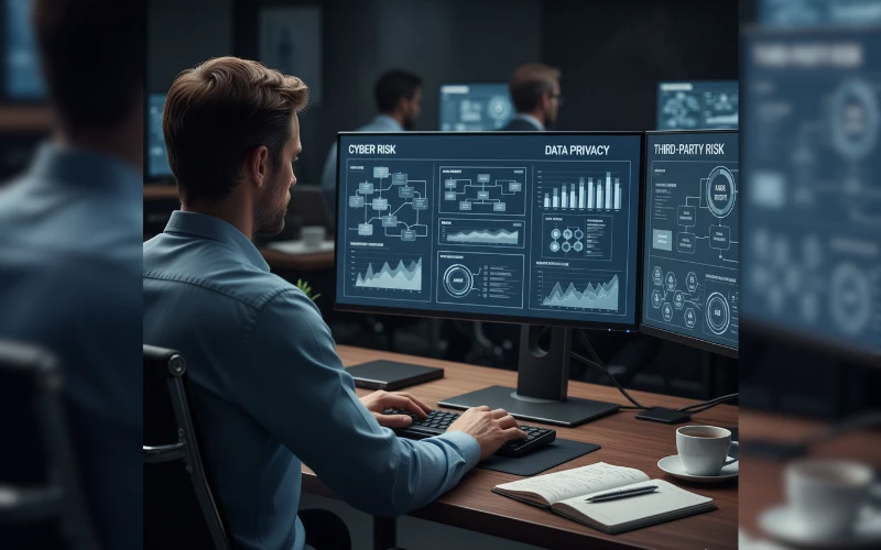 Why Private Fintechs Are Selling for 6× Revenue — and What’s Behind It 5 Real compliance analyst working at a multi-monitor workstation reviewing fintech due diligence reports labeled Cyber Risk, Data Privacy, and Third-Party Risk.