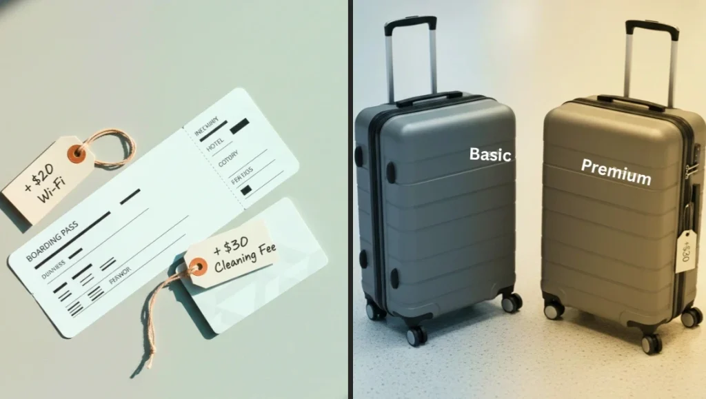 Two travel scenes comparing hidden fees and premium upgrades — boarding passes with Wi-Fi and cleaning fee tags on one side, and two labeled suitcases “Basic” and “Premium” on the other.