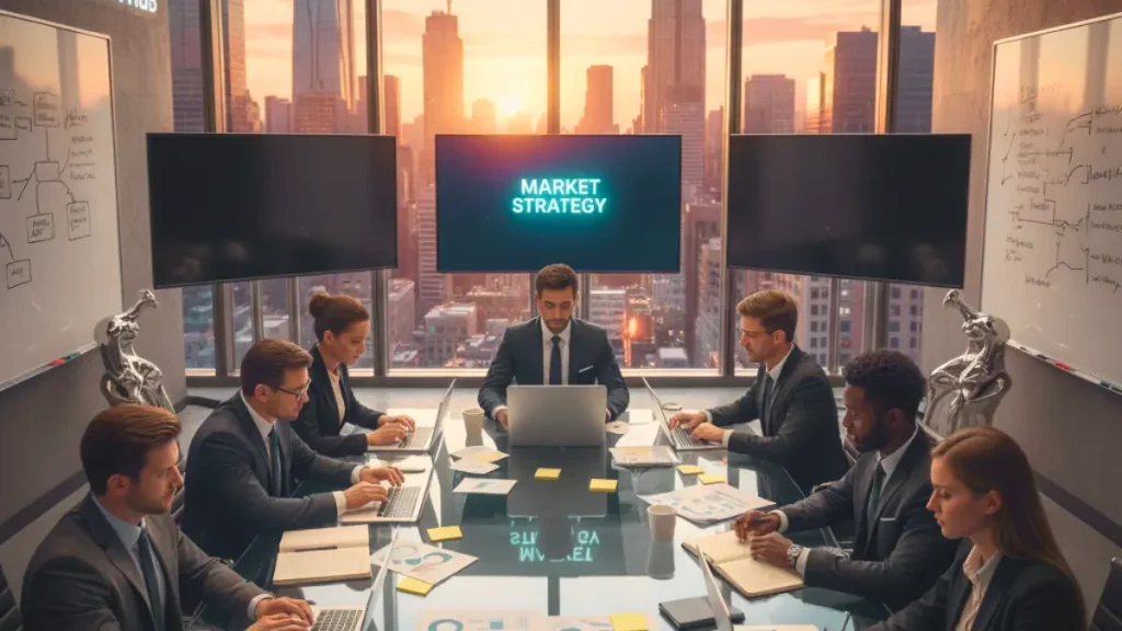 “Corporate team of professionals discussing market strategy in a modern high-rise office during sunset, symbolizing leadership, innovation, and creativity in business.”