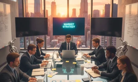 “Corporate team of professionals discussing market strategy in a modern high-rise office during sunset, symbolizing leadership, innovation, and creativity in business.”