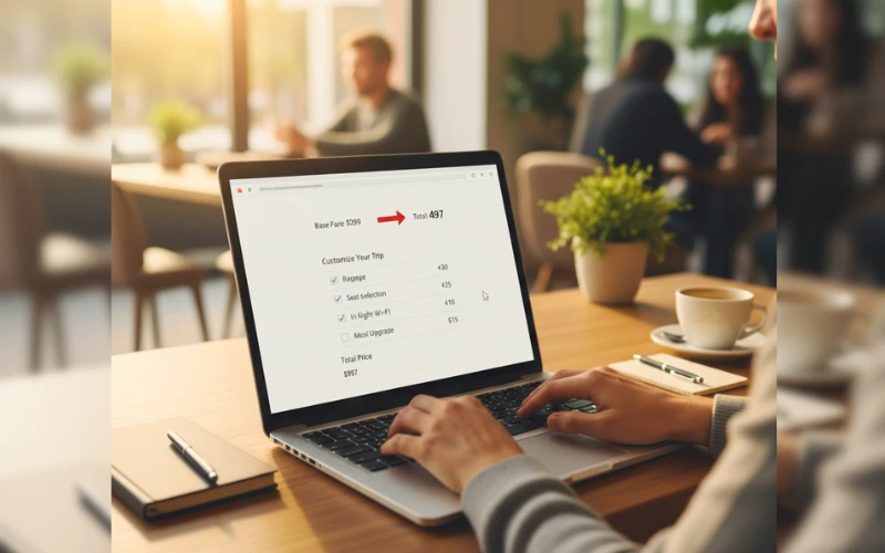 How Travel Brands Turned Basics Into Premium Upgrades 1 Laptop screen showing a flight booking page with multiple add-ons and a rising total price, symbolizing unbundled travel costs.