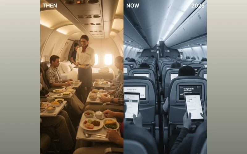 How Travel Brands Turned Basics Into Premium Upgrades 2 A side-by-side collage comparing 1990s full-service air travel and modern 2025 low-cost travel, symbolizing how comfort once included now costs extra.