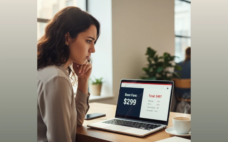 How Travel Brands Turned Basics Into Premium Upgrades 3 Traveler comparing two travel booking screens showing base fare and final total with hidden fees, expressing mild frustration.