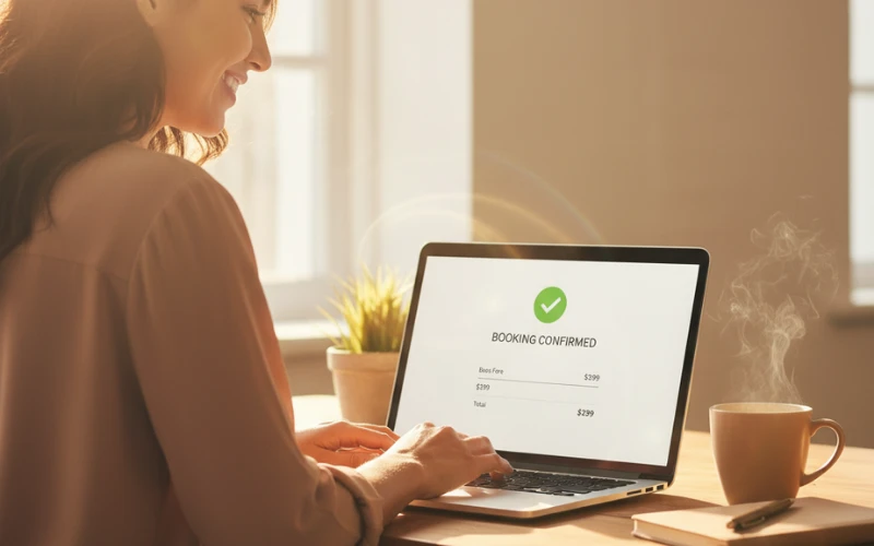 How Travel Brands Turned Basics Into Premium Upgrades 4 Traveler smiling confidently at a laptop after booking a flight, with warm sunlight streaming through a window, symbolizing smart and transparent travel decisions.