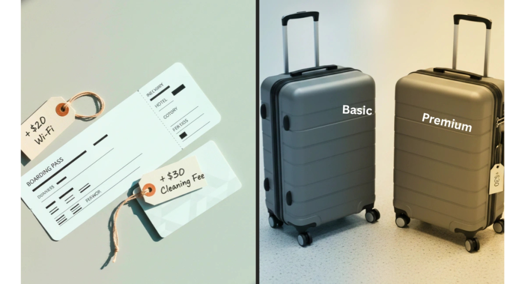 Boarding pass and hotel keycard with price tags reading Wi-Fi and Cleaning Fee beside two identical suitcases labeled Basic and Premium, symbolizing hidden travel costs and premium pricing.