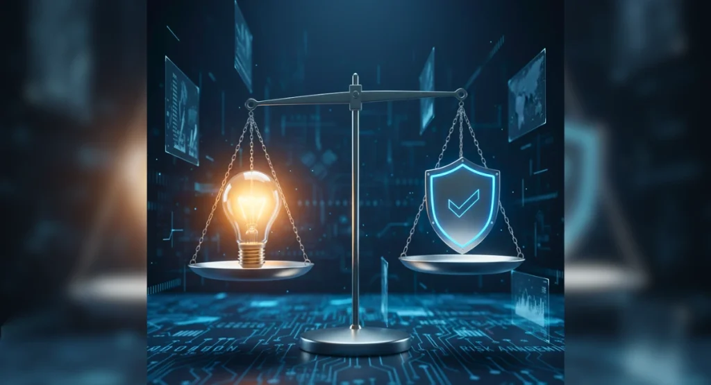 A digital balance scale with a glowing light bulb on one side and a shield with a checkmark on the other, symbolizing the balance between innovation and risk in modern CIO governance.