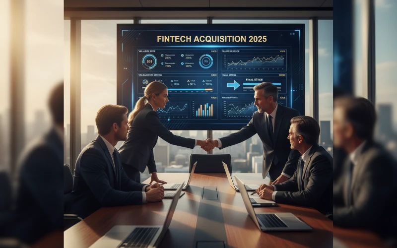 Why Private Fintechs Are Selling for 6× Revenue — and What’s Behind It 3 Executives shaking hands in a boardroom with a digital screen displaying “Fintech Acquisition 2025,” symbolizing strategic expansion and competitive fintech M&A activity.