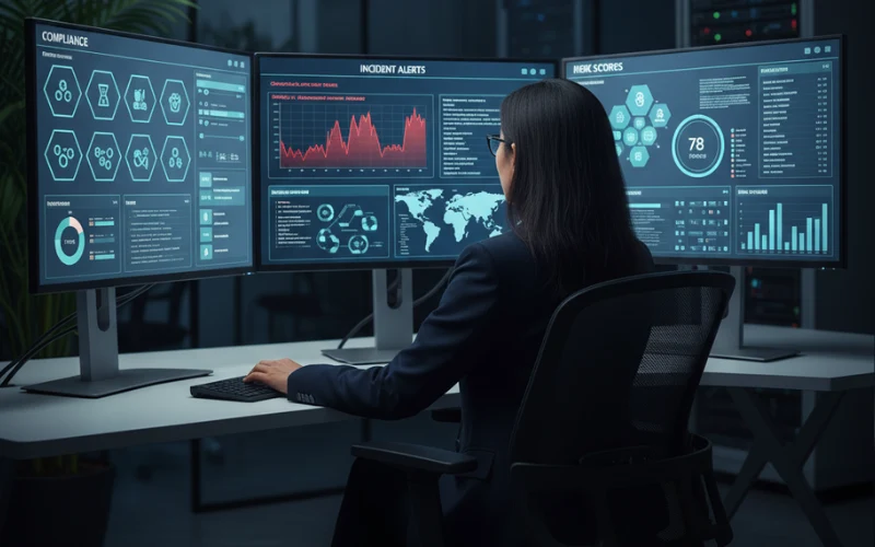 A cybersecurity and compliance professional monitors multiple dashboards labeled Compliance, Incident Alerts, and Risk Scores in a modern governance control room.
