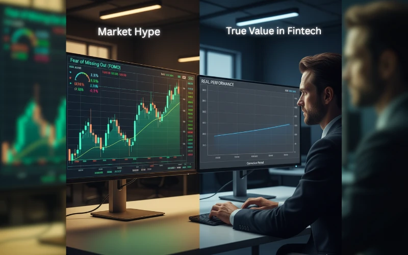 Why Private Fintechs Are Selling for 6× Revenue — and What’s Behind It 4 A professional analyst observing two contrasting trading screens — one showing rising green candlestick charts symbolizing hype, the other flat gray lines representing realistic valuations in fintech markets.