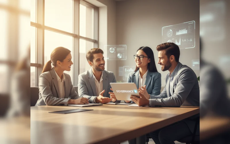 A diverse tech team collaborates in a sunlit meeting room, reviewing a tablet displaying the word “Governance” with a small shield icon, symbolizing trust and teamwor