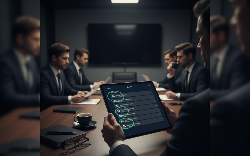 Why Private Fintechs Are Selling for 6× Revenue — and What’s Behind It 2 business analyst holding a tablet displaying a shortlist of fintech companies with a few circled as acquisition-ready during a boardroom meeting.