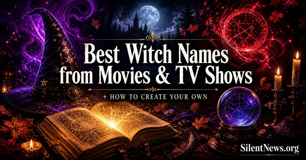 Cinematic fantasy thumbnail for best witch names from movies and TV shows with spellbook, witch hat, crystal ball, candles, and magical energy