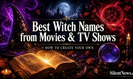Cinematic fantasy thumbnail for best witch names from movies and TV shows with spellbook, witch hat, crystal ball, candles, and magical energy